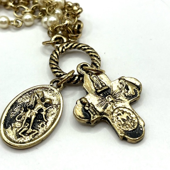 Bracelet Rosary Beads and Cross Medallion with St Christopher Pearl And Chain - Picture 7 of 11